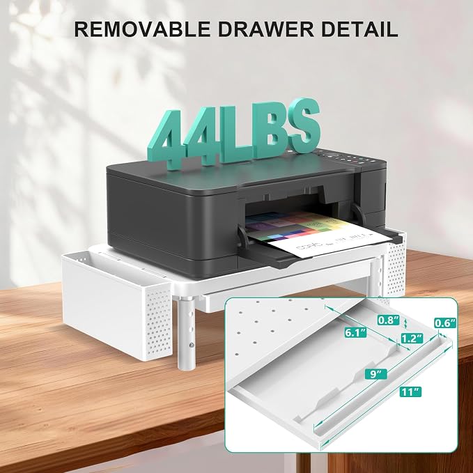 WALI Computer Monitor Stand with Storage, Desk Organizer with Drawer and Pen Holder, Desk Monitor Riser 3 Height Adjustable, Laptop Riser for Computer, Laptop, Printer(PTT003-W), 1 Pack, White - Image 3