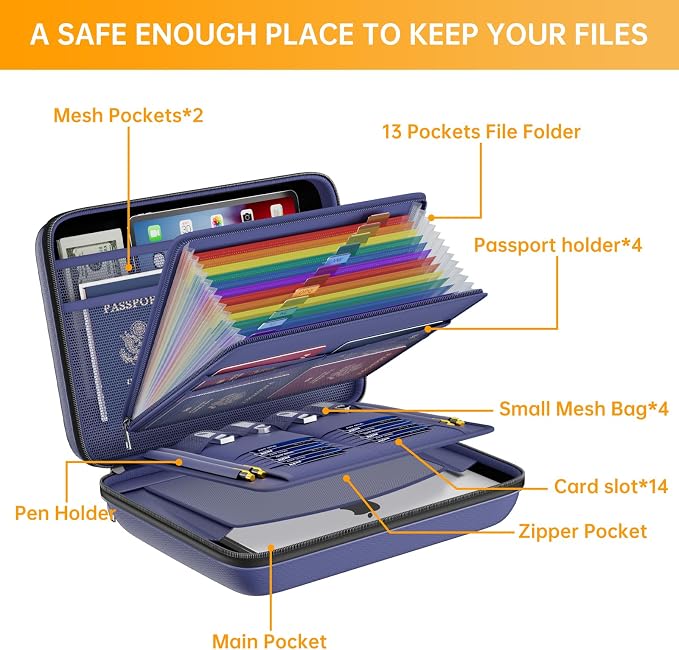 DocSafe Fireproof File Organizer with Lock, Hard-Shell Case Fireproof Document Box with 13 Pocket Accordion File Folder, Portable Home Office Travel Safe Storage for Important Documents Laptop Blue - Image 8