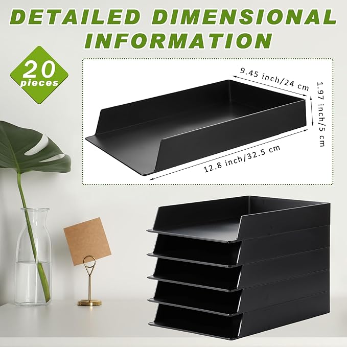20 Pcs Stackable Paper Trays Rectangular Plastic Desk Holder Desktop Document File Organizer Storage Letter for Back to School Office Classroom (Black) - Image 2