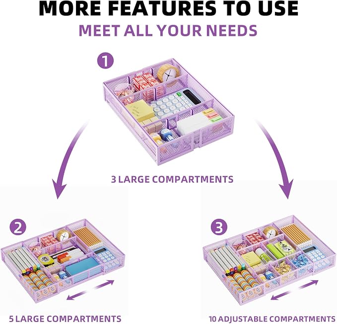 Marbrasse Expandable Desk Drawer Organizer, Mesh Drawer Organizer Tray with 10 Adjustable Compartments, Desk Organizers and Accessories for Office Supplies, Makeup & Vanity (Expandable-Purple) - Image 5