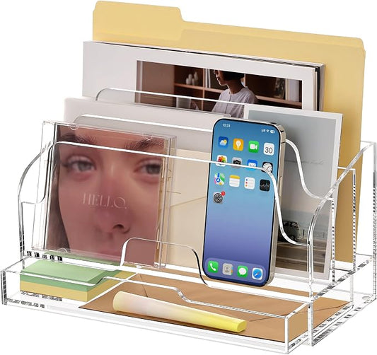 SANRUI Clear Desk Organizer Holder with Drawers, Acrylic File Mail Sorter | 3 Compartments, Desktop Manila Folders Box, Office Desk Accessories & Workspace Envelope Bill Letter Organization Racks by SANRUI