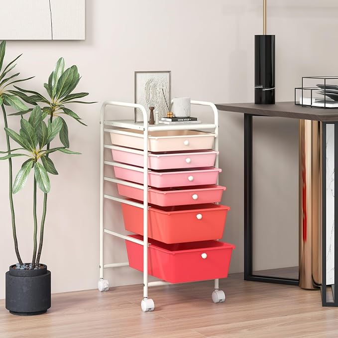 COSTWAY 6-Drawer Rolling Storage Cart, Art Craft Tools Organizer on Wheels | Multifunctional Heavy Duty Utility Mobile Storage Trolley w/ 2 Lockable Wheels for Home Office School (Mixed Pink) - Image 7