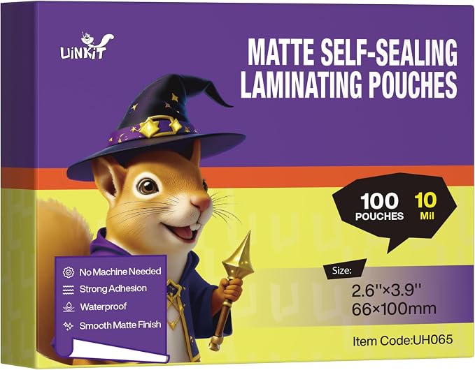Uinkit 10Mil Matte Self-Seal Laminating Pouches, Double-Sided for 2.6x3.9 Business Card, Glare & Fingerprint Resistant for Restaurant IDs, School Badges, Corporate Access - No Machine by UinkitHandicraftsandConservationSpecialist