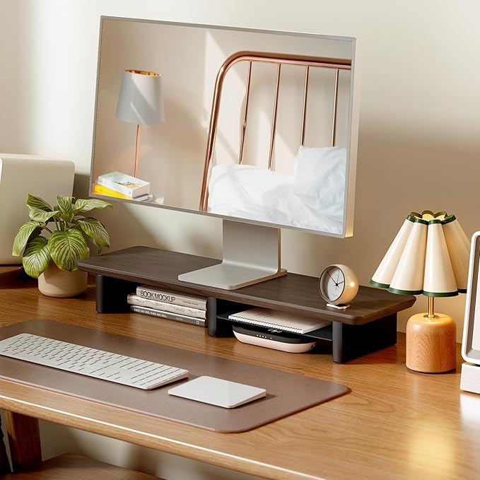 31.5" Dual Monitor Riser, Metal Shelf Wooden Desk Organizer | Walnut Wooden Desk Shelf for 2 Monitors/TV,Monitor Stand Riser for Desk, Wood Monitor Stand Organizer for Home Office by Pegzone