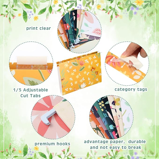 Qeeenar 40 Pcs Decorative Hanging File Folders Letter Size Cute File Folders Designer Floral File Folders Colored File Folder Organizer for Filing Cabinet Office Home with 1/5 Cut Adjustable Tabs - Image 3