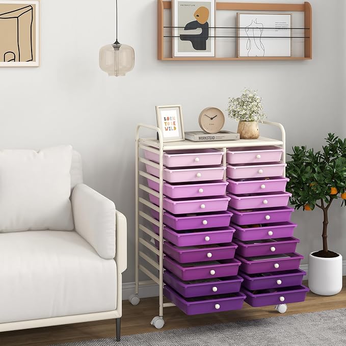Giantex 20 Drawers Rolling Cart, Mobile Storage Drawer Cart, Classroom Organizer Cart for Office School Supplies Tools Scrapbook Paper Craft Small Printer, Utility Cart on Wheels, Gradient Purple - Image 2