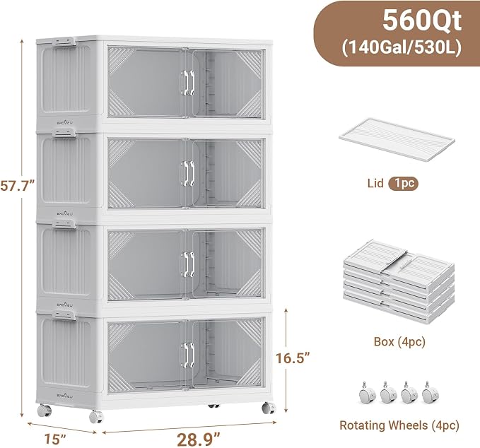 BROVIEW V60 560QT Plastic Stackable Storage Bins with Lid, 4Pack White | 140Gal Extra Large Closet Organizers Collapsible Cabinets Boxes With Drawer, Foldable Container with 4x Wheels for Home - Image 2