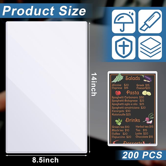 200 Pcs 8.5" x 14" Clear Plastic Menu Sleeves Covers Legal Size for Restaurant Menu Protector, 8.5" x 14" Rigid Print Protectors, Clear Hard Plastic Protective Sleeves Covers - Image 3