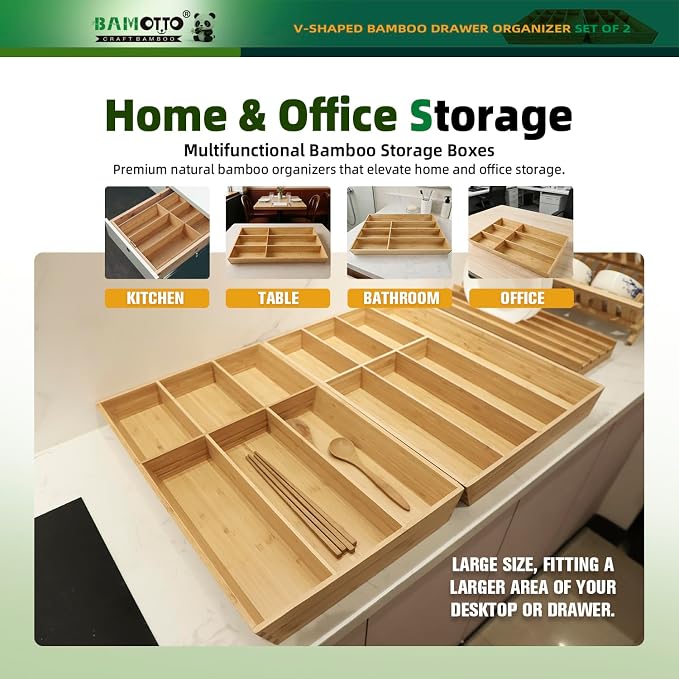 BAMOTTO CRAFTBAMBOO 13 Slot V-Shaped Bamboo Drawer Organizer Set of 2 | Cutlery Tray | Silverware & Flatware Organizer | Utensil | Kitchen & Bathroom | Extra Large 19.6"×14.6" & 19.6"×12.4" - Image 5
