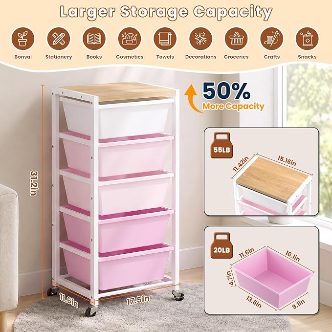Rolling Cart with 5 Drawers, Plastic Drawer Storage Carts with Wheels & Wooden Tabletop, Metal Utility Cart for Office Bedroom Living Room Classroom, Craft Organization and Storage, Pink - Image 3