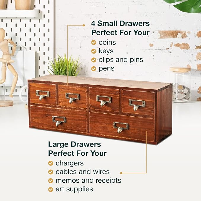 6-Drawer Vintage Desk Organizer Classic Brown Wood Storage Drawers for Tabletop - Slim Retro Style Desktop Organizing Cabinet with 6 Drawers - Office Study Table Wood Storage Box Organizer, 1-pack - Image 6