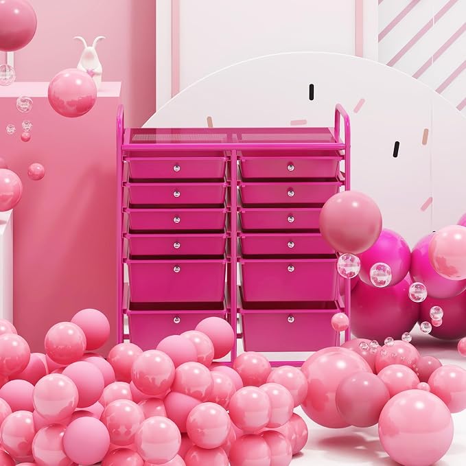 GOFLAME 12-Drawer Rolling Storage Cart, Multipurpose Organizer Cart with 2 Sizes Plastic Drawers, Mobile Utility Cart with Lockable Casters for School, Home Office, Beauty Salon, Hot Pink - Image 2