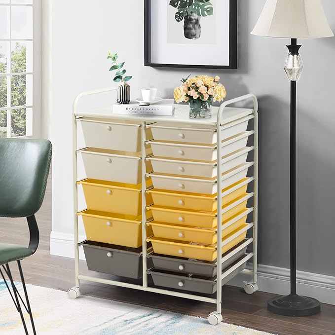 COSTWAY 15 Drawer Rolling Storage Cart, Mobile Storage Organizer | Removable Drawers & Metal Frame, Multipurpose Utility Tools Paper Organizer on Wheels for Home, Office (Yellow, Beige & Grey) - Image 2