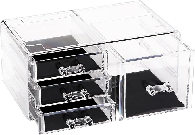 Sea Team Stackable Clear Acrylic Makeup Organizer with Drawers for Vanity | Cosmetic Display Case, Jewelry Storage Box with 1 Large and 3 Small Drawers, Ideal for Dresser, Bathroom, Countertop by SeaTeam