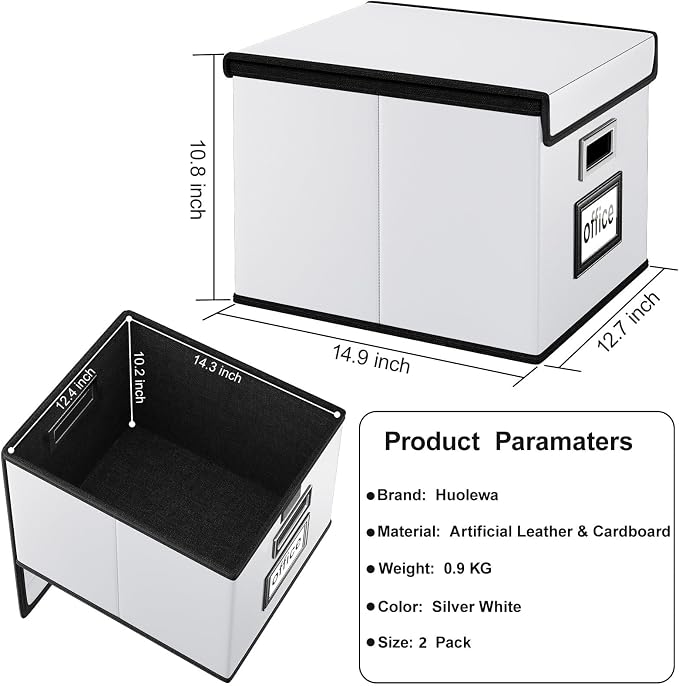 File Organizer Box with Lids, Collapsible File Folder Organizer | File Box with Plastic Slides for Document, Filing Bin for Letter Size Hanging File Folders (2 Pack, Silver, Leather) - Image 6
