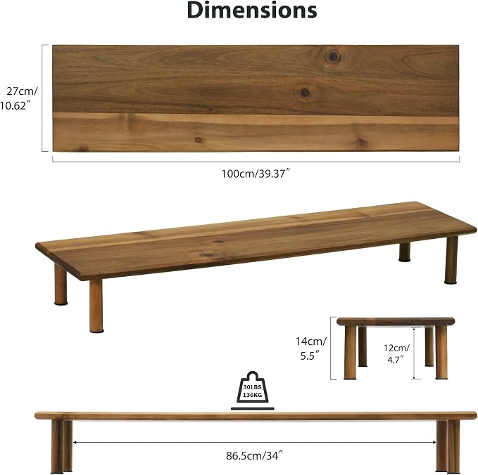 Dual Monitor Stand Riser, Acacia Wood Desktop Shelf with Storage | 39.37-Inch Wide, Under-Shelf Storage for Keyboard, Mouse and Laptop, Fits Two 24-Inch Monitors in Home Office - Image 4