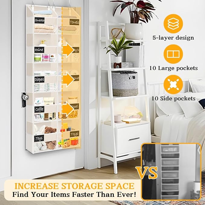 Over the Door Organizer, 5-Tier Extra Large Storage with 10 Pockets and PVC Label Pouches, 80 lbs Capacity Hanging Closet Organizer, Beige - Image 3