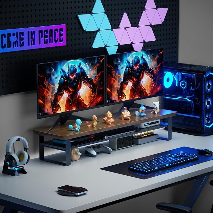 Dual Monitor Stand, 35.4 Inch Monitor Stand Riser for 2 Monitors, 2 Tiers Wood Desk Shelf with Storage, Desktop Organizer Stand for Computer, Laptop, Printer, TV - Image 8