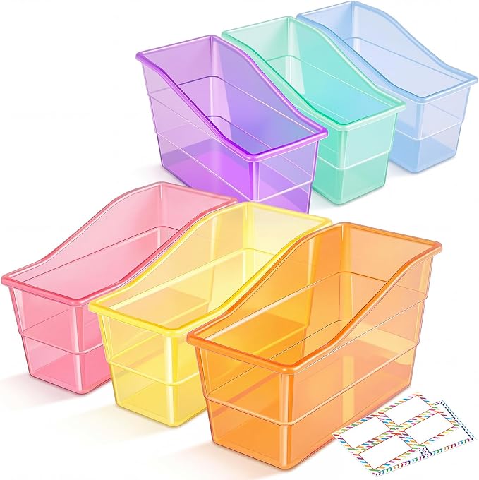 Blosssound 6 Set Book Bins for Classroom with Label Sticker Book Box Baskets Plastic Stackable Organizing Bins Storage & Organization for Classroom Library Home School Supplies (Translucent Pastel) by Blosssound