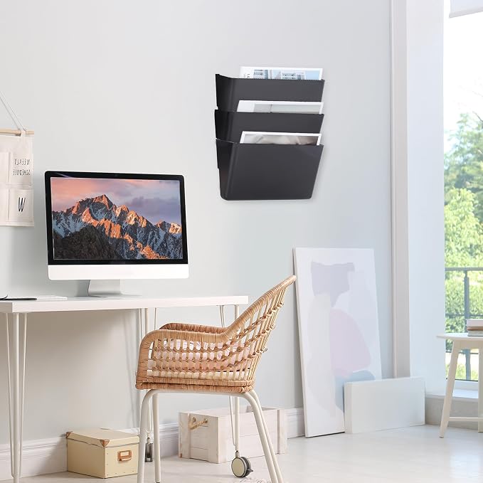 3 Pack Black Plastic Single Pocket Hanging File Organizer, Wall Mount Paper Mails Magazines Holder, Mounted Folder Bins for Office School and Home, 12.99x4.13x7.48 inches - Image 5