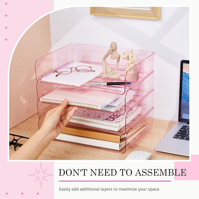 Harloon 4 Tier Pink Acrylic Paper Organizer 13 x 9.8 x 3 Inches Letter Tray Desk File Organizer Stackable Documents Clear Letter Paper Holder Office Tray for A4, Office Home File Desktop Storage - Image 3
