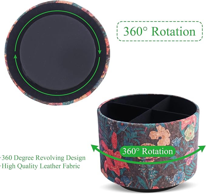 Round Leather Art Supply Organizer,Remote Control Holder,360 Degree Spinning,Multi-Functional Pencil Holder,4 Compartments Desktop Stationary Organizer(1-Wood Leather Red)