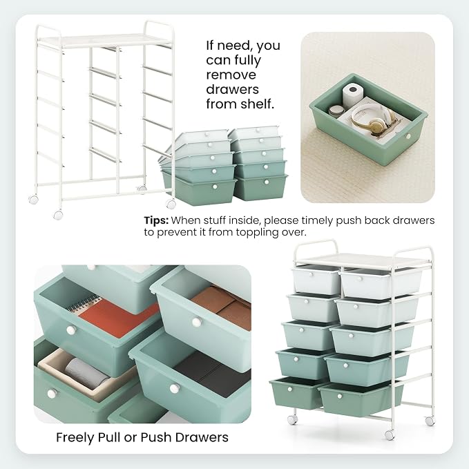 Giantex 10 Drawers Rolling Cart, Classroom Organizers, Storage Cart with Wheels, for Teacher Office Home School Supplies Tool Craft Art Paper, Green Gradient - Image 7