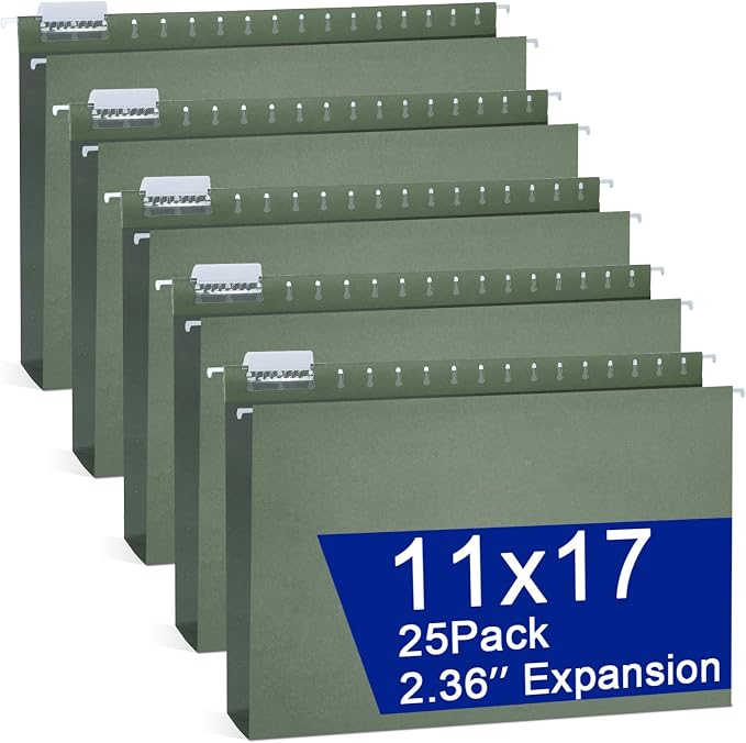 25 Pack 11×17 Expanding Hanging File Folders for Filing Cabinet 1/5 Cut Heavy Duty Hang Folders with Plastic Tabs & Label Cards Extra Large Hangers File Organizer for 11×17 Paper Engineering Document by gisgfim