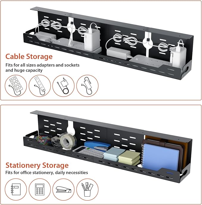 Univivi Under Desk Cable Management Tray, Cable Management, 32 inch, Black | Durable Steel Material, Under Desk Cable Tray with No-Drill C-Clamp and Screw Mount, Wire Management for Office/Home - Image 4