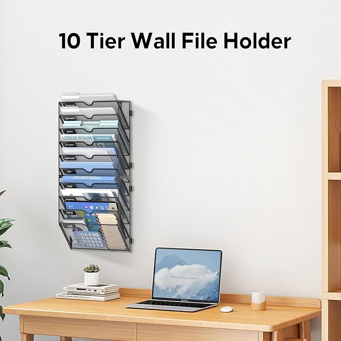 10 Tier Wall File Organizer Office Hanging Mail Holder Wall Mounted, Mesh Paper Document Organizer for Office Home School, Black | Wall Organizer and Wall Mounted File Holder with 10 Pockets and Label Panels for Files, Mail, Folders, Magazines and Paper - Image 5