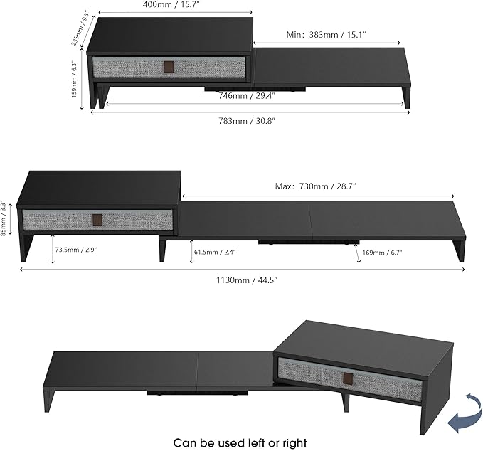 Fenge Triple Monitor Stand with Srorage Drawer, Adjustable Length and Angle | Computer Monitor Riser for 2 or 3 Monitors, Wooden Desktop Laptop Stand, Office Organizer for PC, Screen, Tablet, Black - Image 5