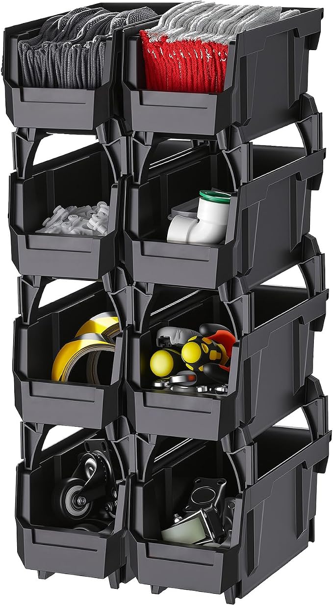 VEVOR Plastic Stackable Storage Bins, 10.9 x 5.5 x 5.1 inch (8 Pack), Plastic Containers for Organizing and Storage Bins for Closet, Garage, Small Parts, Office Supplies and Other Accessories, Black by VEVOR