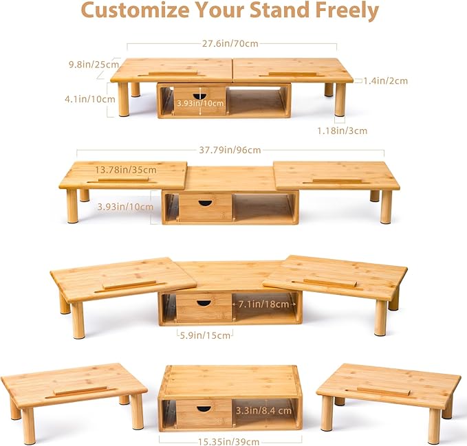 Dual Monitor Stand Riser with Drawer for Desk Laptop | Desk Shelf with Adjustable Length and Angle, Bamboo Computer Stand Riser for 2 or 3 Monitors Screen Laptop PC TV -Natural - Image 3