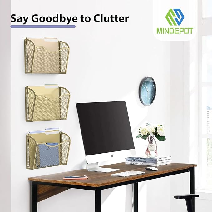MINDEPOT Wall File Organizer, Hanging Wall File Holder, 1 Pack, Gold | Heavy Duty Iron, Metal Mesh Wall Mount, Single Pocket, Mail Organizer, for Office School Classroom Home, Letter A4 Size - Image 6