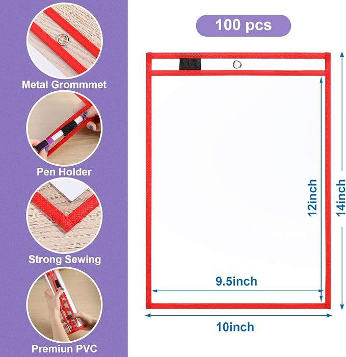 Nezyo Dry Erase Pockets Plastic Job Ticket Holders Shop Holder Order Pockets Clear Sleeves Tickets Folders Plastic Sleeves Paper Teacher Supplies for Classroom(10 x 14 in,Red,100 Pcs) - Image 2