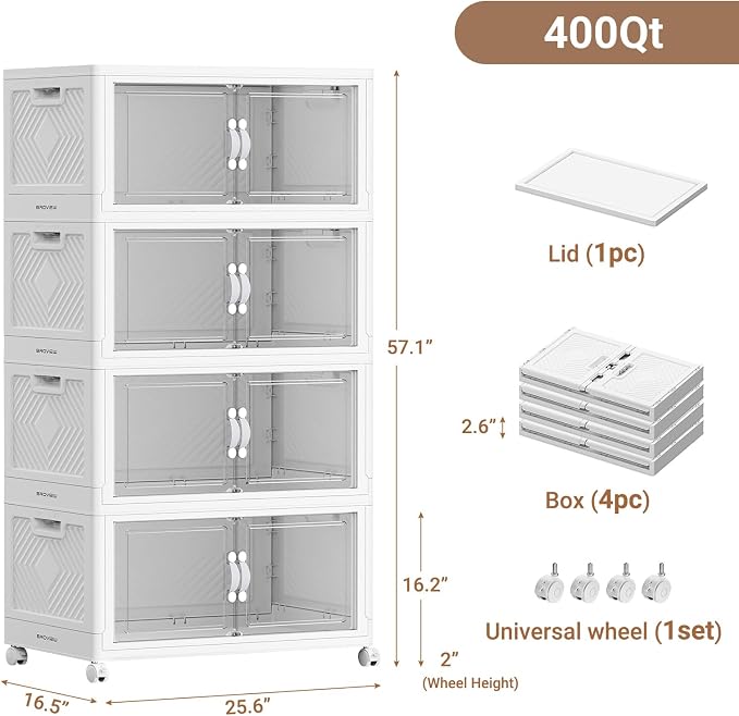 BROVIEW 400QT Large Stackable Storage Bins with Clear Doors, V20 4Pack | 100Gal Plastic Closet Organizer Cabinet with Lid and Wheels, Collapsible Latch Box Folding Drawer for Home, White - Image 2