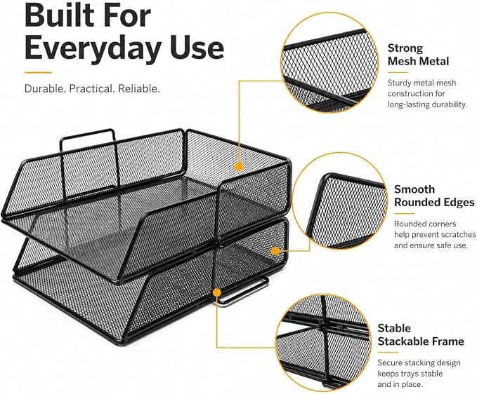 Exerz Paper Sorter Stackable/Desk Letter Tray A4 File Holder 2pcs - Wire Mesh - Office, School - Black | Durable Metal Mesh Holds Papers Files Folders Notebooks And Magazines For Office Home Study Classroom Desks - Image 3