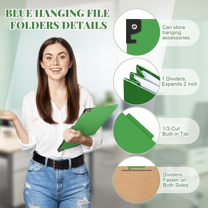 Henoyso 15 Pcs Hanging Classification Folders Bulk with 2 Prongs, 1 Divider Letter Size, 2 Inch Expansions Pressboard File Folder, 1/3-cut Tab File Organizer (1 Divider,Green) - Image 3
