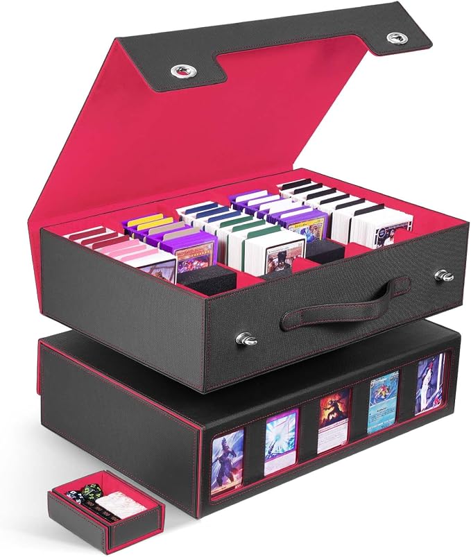 ZLCA Trading Card Storage Box 5-Row with Handle, MTG Storage Box | Holds 3900+ Cards with Commander Display, Top Loaders Organizer Case for TCG PTCG Sport Card(Black&Red) by ZLCA