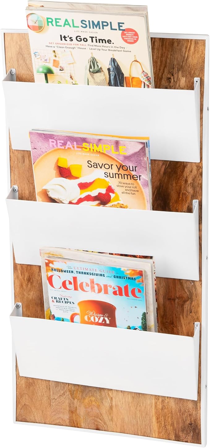 Mind Reader 3-Tier Wall-Mounted File Organizer, Wood and Metal Vertical Rack for Mail, Magazines, and Documents, Metal, Wood, White - Image 5