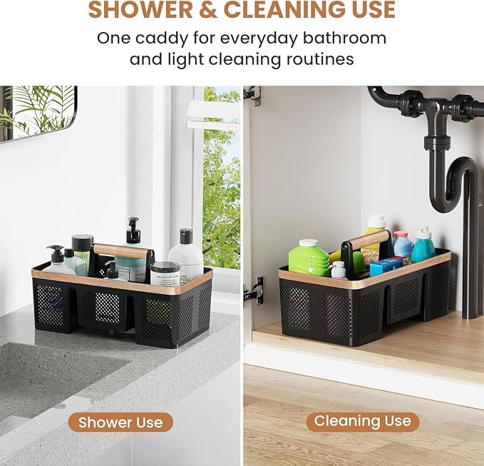 BYUNER Plastic Shower Caddy Dorm: Portable Hard Shower Basket with Handle, 4 Divided Compartments, All-Side Drainage, Bathroom & Cleaning Caddy for College Dorm Room Essentials, Black/wood grain - Image 2