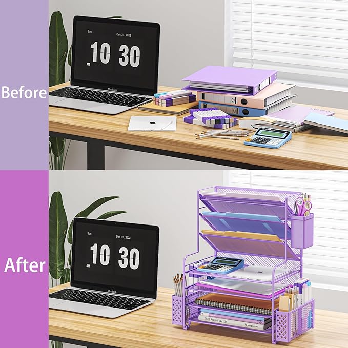 Simple Trending 7 Tier Desk File Organizer, Letter Tray Paper Organizer with Pen Holder and Metal Hanging Basket, Purple - Image 5