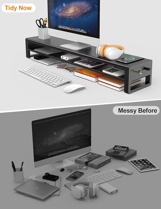 2 Tiers Dual Monitor Stand with Auto Charging Pad, 4 USB 3.0 Hub Ports, Double Monitor Riser, Metal Desk Stand with Storage, Long Screen Raiser for 2 Monitors/PC/Laptop/Computer Space Saver Organizer - Image 6