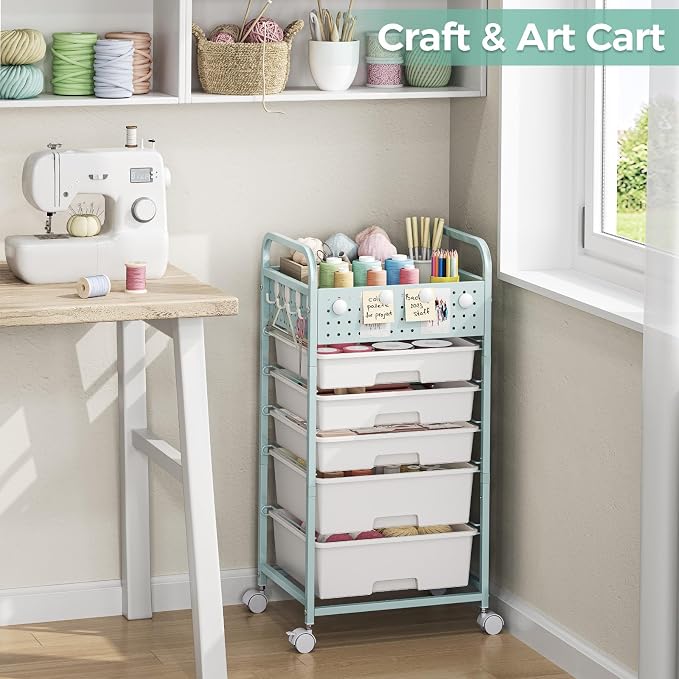 5 Drawer Rolling Storage Cart with Pegboard Top and Hooks, Green | Mobile Utility Organizer with Wheels for Office Supplies, Craft Storage, Classroom Organization, Home Storage Cart - Image 7