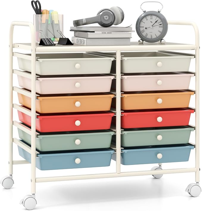 Giantex 12 Drawers Rolling Cart, Mobile Storage Drawer Cart, Classroom Organizer Cart for Office School Supplies Tools Scrapbook Paper Craft Small Printer, Utility Cart on Wheels, Macaron by Giantex