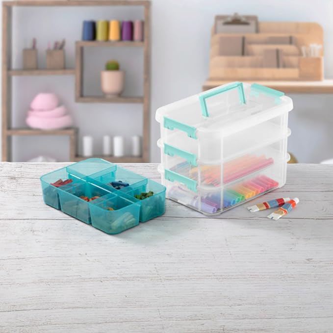 Sterilite 18 Pack Plastic Storage Box Container, 3 Layer, Stack and Carry, Clear/Blue - Image 6