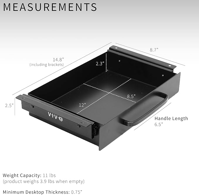 VIVO 13 inch Under Desk Mounted Sliding Pull-out Drawer for Office Desk, Pull Handle, Storage Organizer for Sit Stand Workstation, Black, DESK-DR1H-B | Sliding Steel Pull-out Drawer for Office Desk, Pull Handle, Storage Organizer for Sit Stand Workstat... - Image 3