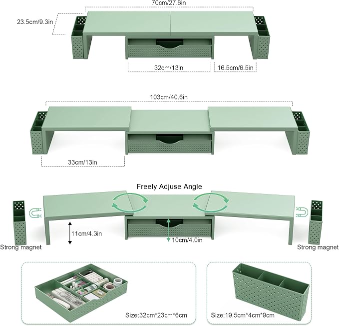 Spacrea Metal Desk Organizers and Accessories, Dual Monitor Stand Riser with Drawer and 2 Pen Holders, Book Racks, Desk Accessories & Workspace Desktop Organizers for Office Supplies (Sage Green) - Image 5
