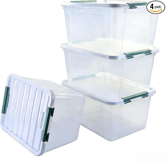 Storage Latching Bins, 35 Quart Clear Plastic, 4-Pack Storage Box | See-Through Organizing Solution, Green Latches Containers for Home, Bathroom, Kitchen & Office Organization by Parlynies