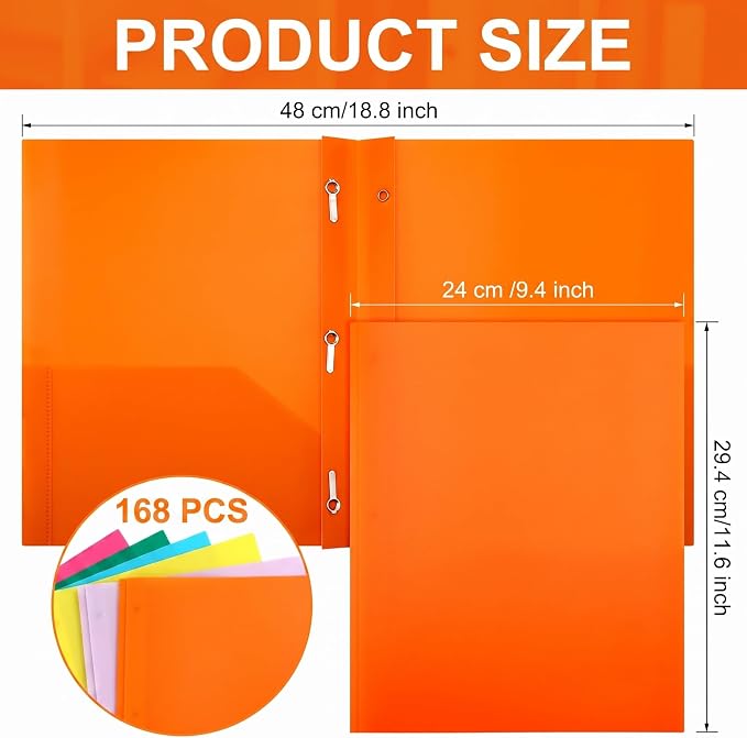Cholemy 168 Packs Pocket Folders with Prongs Heavy Duty Plastic Folder with Business Card Slot 3 Prong Fasteners for School Office (Bright) - Image 2